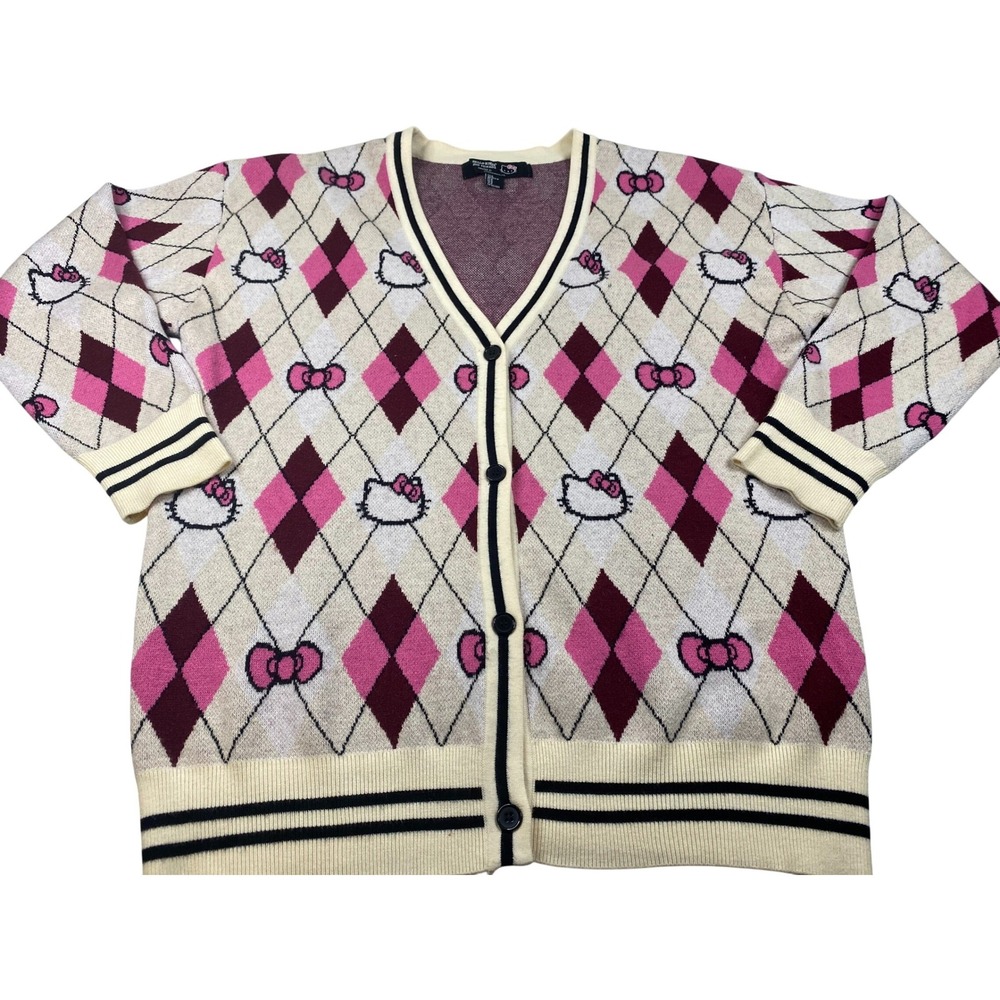 Hello Kitty x Forever 21 Collab Argyle Cardigan Sweater Womens Medium